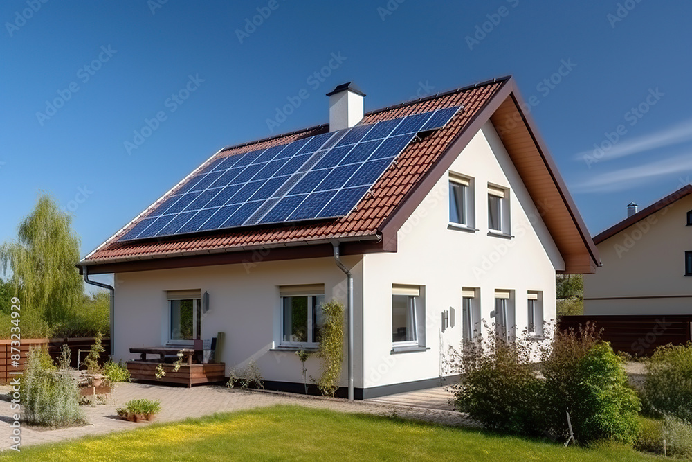 New suburban house with a photovoltaic system on the roof. Modern eco friendly passive house with solar panels on the gable roof New suburban house with a photovoltaic system on the roof. Modern eco friendly passive house with solar panels on the gable roof
