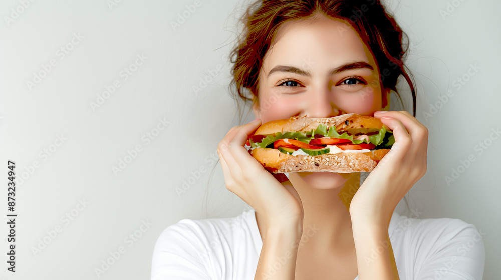 Young beautiful woman eats a sandwich with a happy face against a white background Young beautiful woman eats a sandwich with a happy face against a white background
