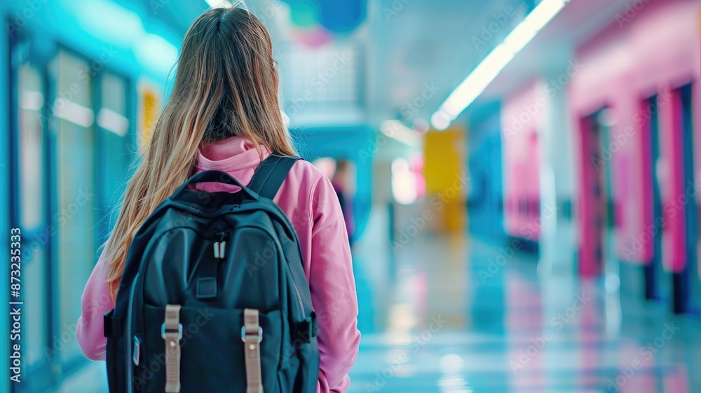 Obraz premium Vibrant school hallway scene featuring a student with a backpack, presented in a wide shot that captures the colorful and lively spirit of the educational space.