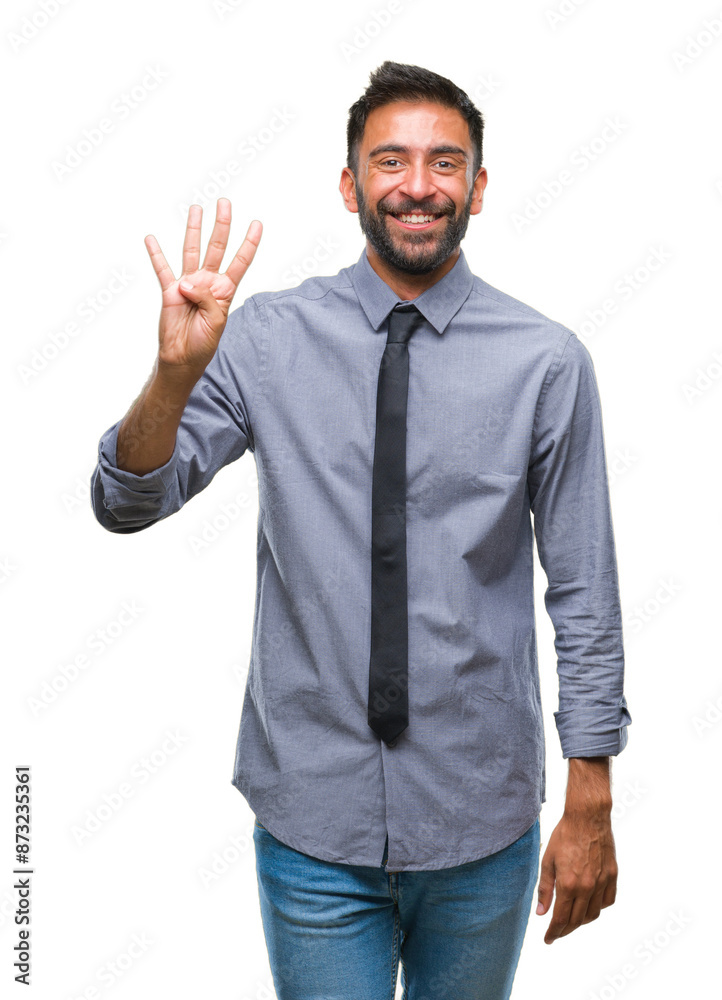 Adult hispanic business man over isolated background showing and pointing up with fingers number four while smiling confident and happy. Adult hispanic business man over isolated background showing and pointing up with fingers number four while smiling confident and happy.