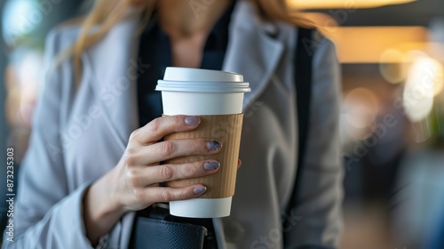 Close up of businesswoman with takeaway coffee in office