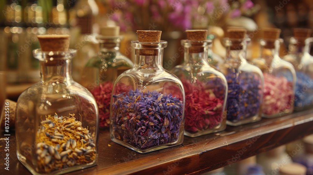 Dried Flowers in Glass Bottles on Wooden Shelf, Vintage Apothecary Style, Natural Home Decor, Rustic Charm Dried Flowers in Glass Bottles on Wooden Shelf, Vintage Apothecary Style, Natural Home Decor, Rustic Charm