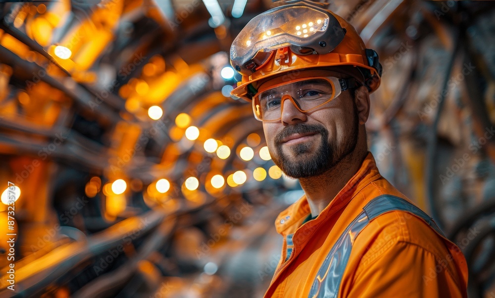 A male miner in protective overalls and a helmet on the background of an underground tunnel. A man miner in a mine at her workplace. Labor day. A male miner in protective overalls and a helmet on the background of an underground tunnel. A man miner in a mine at her workplace. Labor day.