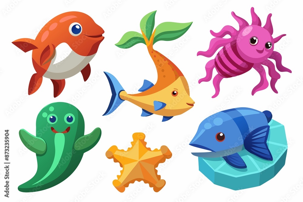 Naklejka premium a set of several species of marine life in the sea in a difference on a white background