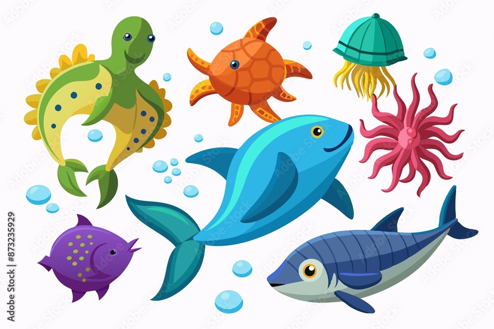 a set of several species of marine life in the sea in a difference on a white background a set of several species of marine life in the sea in a difference on a white background