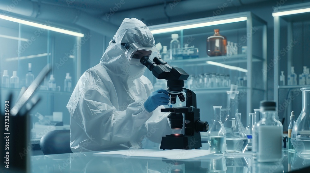 Scientist in protective gear using a microscope in a modern laboratory, surrounded by lab equipment and glassware. Scientist in protective gear using a microscope in a modern laboratory, surrounded by lab equipment and glassware.
