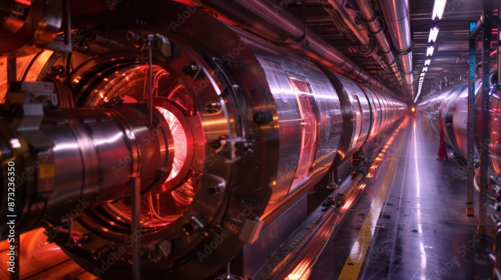 Fototapeta premium The guide explains that the particles are accelerated in opposite directions allowing them to collide and create new particles for study.