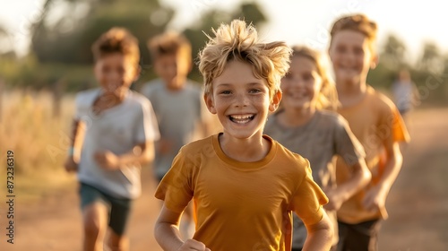 Happy Boy Running with Friends. photo