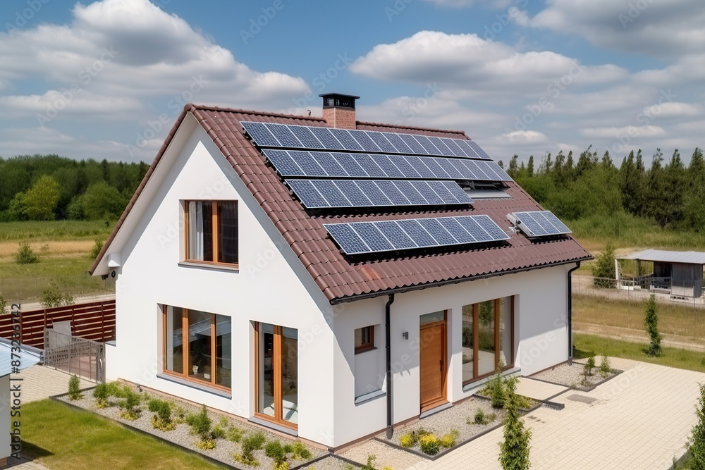 New suburban house with a photovoltaic system on the roof. Modern eco friendly passive house with solar panels on the gable roof New suburban house with a photovoltaic system on the roof. Modern eco friendly passive house with solar panels on the gable roof
