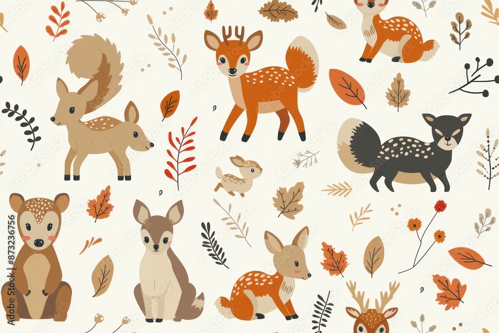 Delightful seamless pattern of forest animals such as bears, deer, and squirrels in a cartoon style. The 2D illustration is designed with a soft color palette, making it perfect for baby products, Delightful seamless pattern of forest animals such as bears, deer, and squirrels in a cartoon style. The 2D illustration is designed with a soft color palette, making it perfect for baby products,
