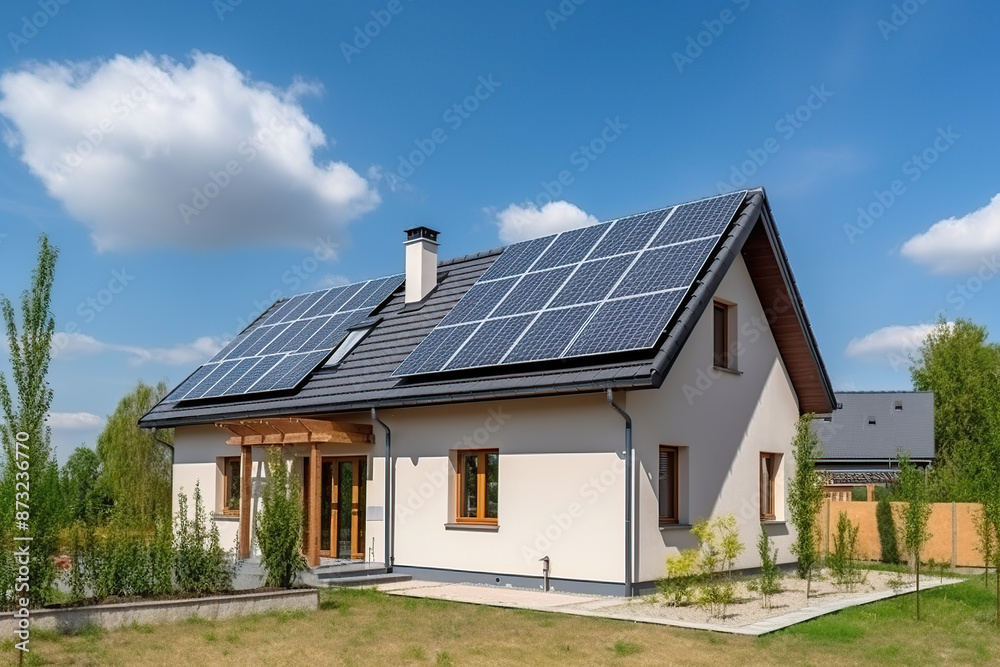 New suburban house with a photovoltaic system on the roof. Modern eco friendly passive house with solar panels on the gable roof New suburban house with a photovoltaic system on the roof. Modern eco friendly passive house with solar panels on the gable roof