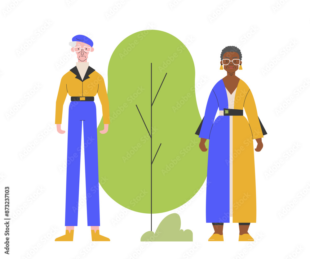 An elderly couple standing next to a tree. Companionship and a love for nature. Peaceful outdoor lifestyle, ideal for concepts around retirement, health, and family bonding. Vector flat. An elderly couple standing next to a tree. Companionship and a love for nature. Peaceful outdoor lifestyle, ideal for concepts around retirement, health, and family bonding. Vector flat.