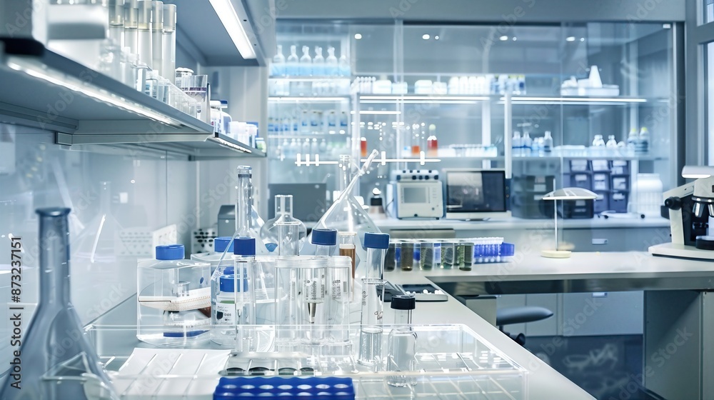 Modern laboratory with scientific equipment and test tubes, showcasing a clean and advanced research environment. Modern laboratory with scientific equipment and test tubes, showcasing a clean and advanced research environment.