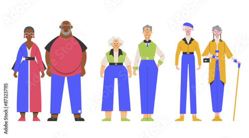 Elderly couples standing together, showcasing diversity and unity among senior citizens. The group includes men and women of different ethnicities, highlighting inclusivity and community spirit.