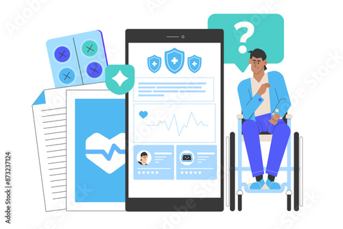 A man in a wheelchair using a medical app on a tablet surrounded by healthcare icons. Concept of accessible healthcare and digital health solutions. Vector flat illustration.