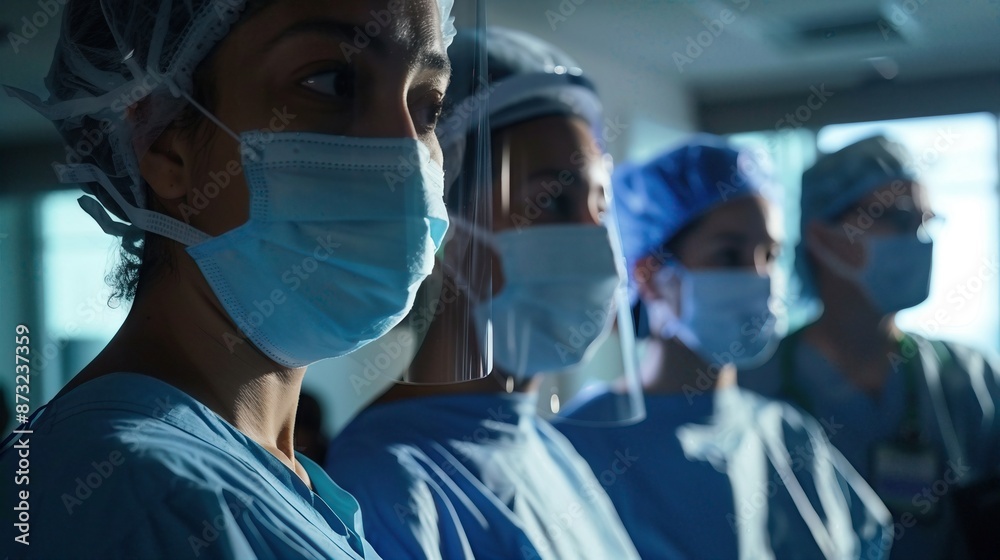 Medical team wearing masks and protective gear in a hospital, focused and ready for a crucial procedure. Medical team wearing masks and protective gear in a hospital, focused and ready for a crucial procedure.
