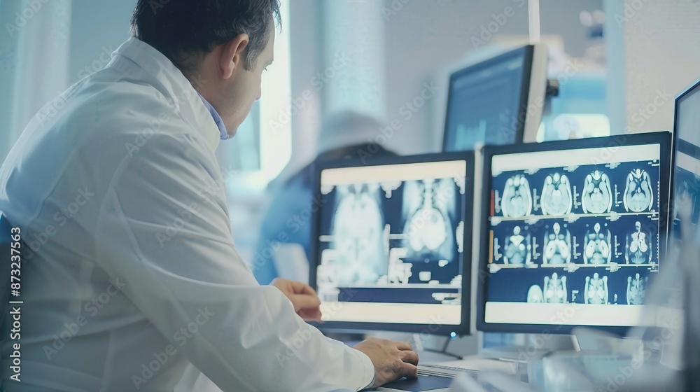 Medical professional analyzing MRI scans on dual monitors in a modern healthcare facility for diagnostic purposes. Medical professional analyzing MRI scans on dual monitors in a modern healthcare facility for diagnostic purposes.