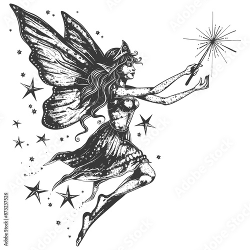 Vintage detailed black and white fairy illustration with butterfly wings and magic wand