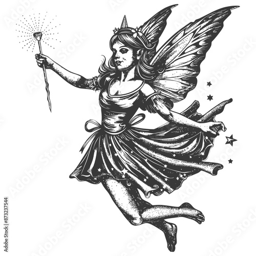 Vintage detailed black and white fairy woman illustration