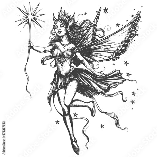 Vintage detailed black and white fairy illustration