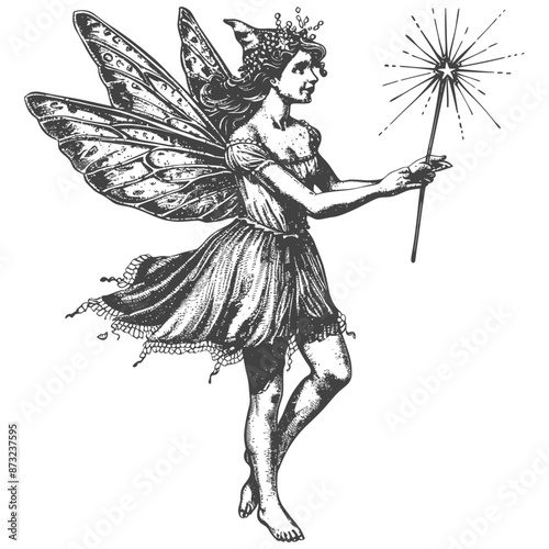 Vintage drawing of a beautiful fairy holding a magic wand