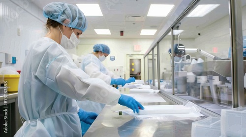 Lab technicians working in a sterile laboratory environment, handling samples with care and precision, wearing protective gear and gloves.