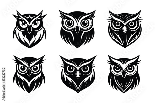 Versatile owl head silhouettes for logos, tattoos, wildlife art, and nature-themed designs. Perfect for branding, packaging, and educational materials. High-quality scalable vectors.