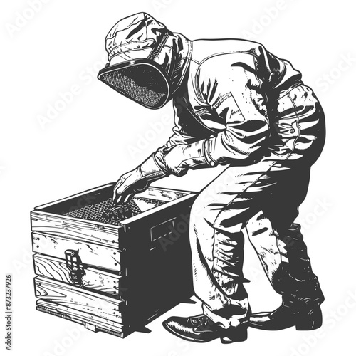 Industrious Beekeeper Carefully Inspects His Beehive for Honey