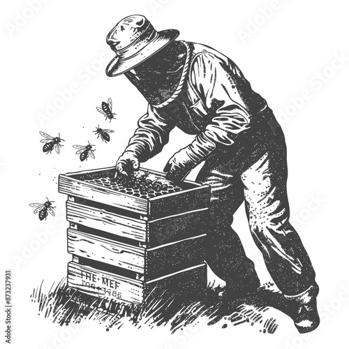 Industrious Beekeeper Carefully Tends to Busy Honeybee Hive