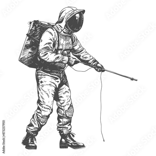 Astronaut in Vintage Spacesuit with Backpack and Long Pole
