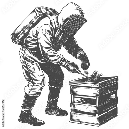 Vintage beekeeper illustration with bee smoker and hive