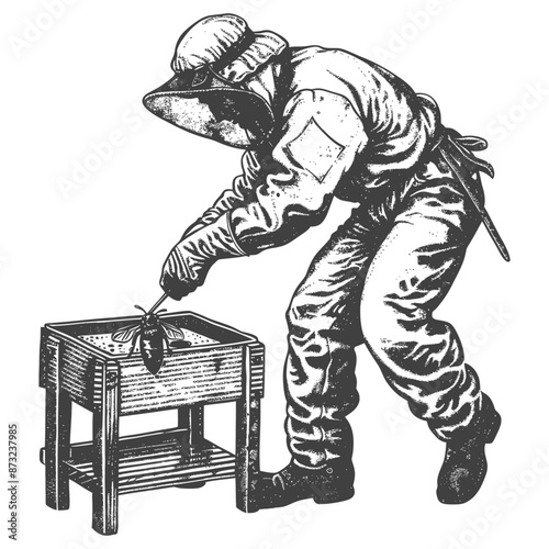 Beekeeper Tending to Bees in Vintage Style Illustration