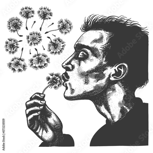 Man Blowing Dandelion Seeds into the Air