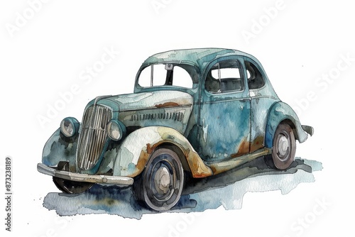 A watercolor painting of a vintage blue car with rust on a white background. Children's Book Illustration photo