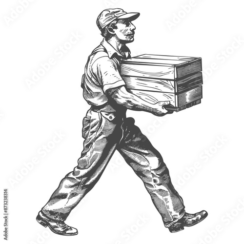 Vintage illustration of a delivery man carrying a wooden crate