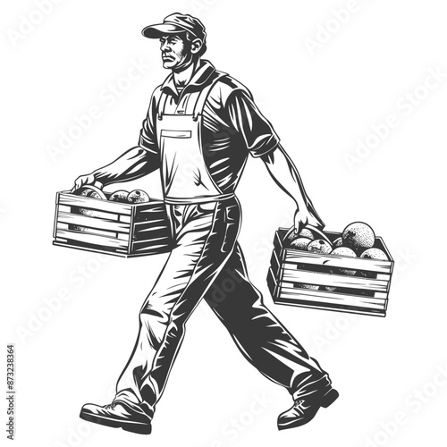 Vintage Farmer Carrying Crates of Oranges