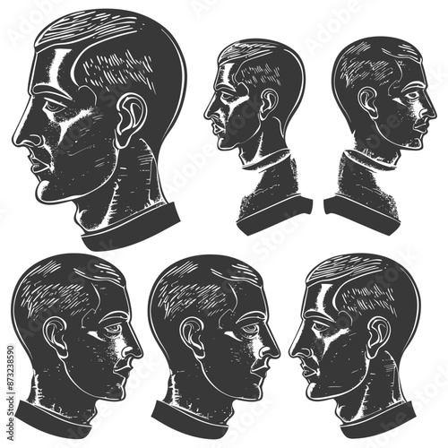 Set of detailed black and white male head profiles with different angles and facial expressions