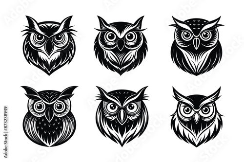 Versatile owl head silhouettes for logos, tattoos, wildlife art, and nature-themed designs. Perfect for branding, packaging, and educational materials. High-quality scalable vectors.