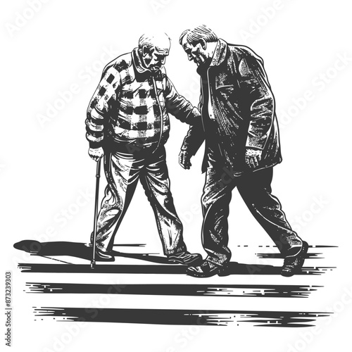 Elderly Men Support Each Other While Walking