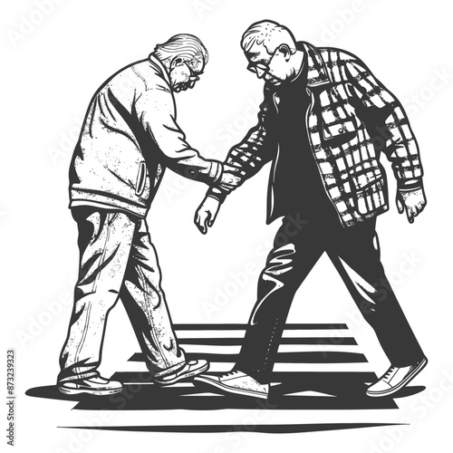 Elderly Men Politely Holding Hands While Crossing the Road
