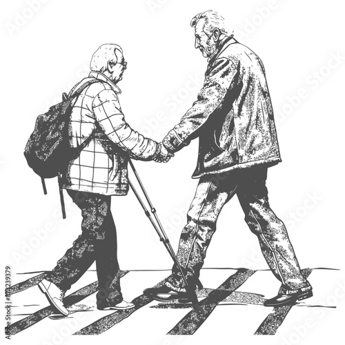 Elderly Couple Holding Hands in Crosswalk