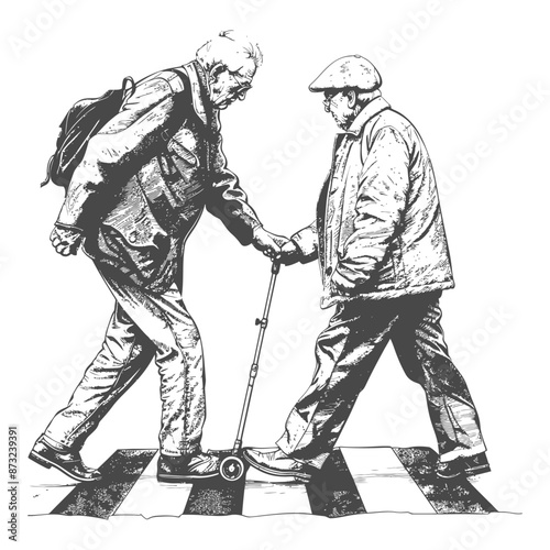 Elderly men crossing the road, one using a mobility scooter and the other using a walking stick