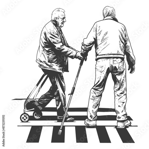 Elderly Men with Canes Crossing the Road