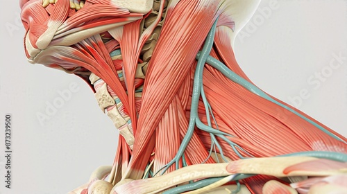 Detailed anatomical illustration of the neck muscles, veins, and arteries showing the complexity and structure of human anatomy. photo