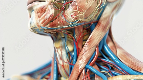Detailed anatomical illustration of human neck showing muscles, veins, and arteries, highlighting the complexity of human body structures.