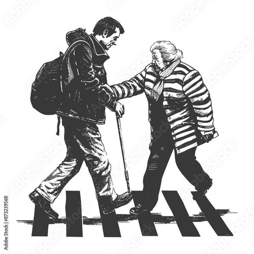 Thoughtful Passerby Helps Elderly Woman Cross the Road