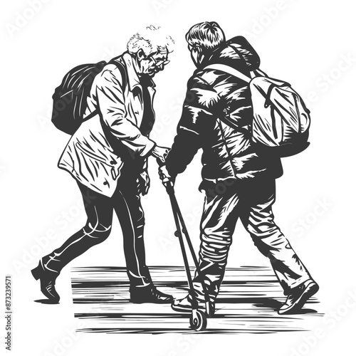 Elderly woman and young man crossing the road together