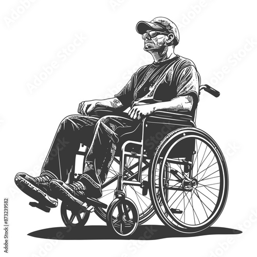 Disabled man in a baseball cap sits in a wheelchair looking off into the distance
