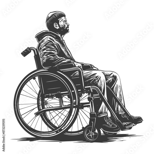 Thoughtful disabled man in a beanie and jacket sits in a wheelchair looking away