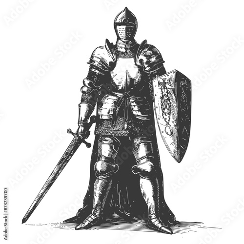 Valiant medieval knight in full plate armor, ready for battle, with sword and shield
